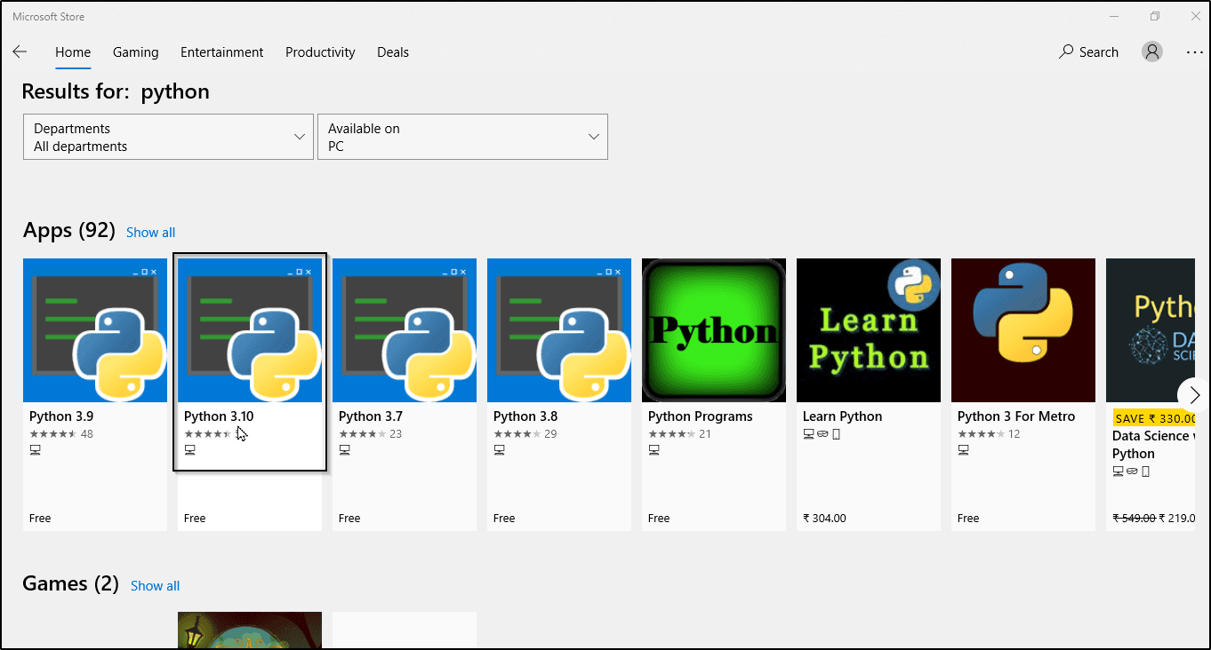 search-python-microsoft-store